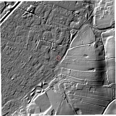 Shaded relief map of the ground around FY55JF, computed from Environment Agency LiDAR. The ground here sits at about 5 m above sea level and falls 11 m across the surrounding 800 m. Surface water reaching this point runs off ground lying to the north-north-west, 1.6 m higher.