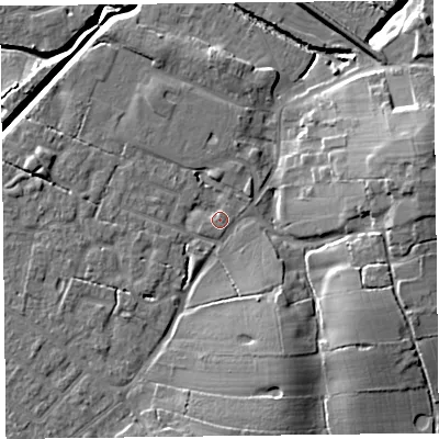 Shaded relief map of the ground around FY55JG, computed from Environment Agency LiDAR. The ground here sits at about 6 m above sea level and falls 14 m across the surrounding 800 m. Surface water reaching this point runs off ground lying to the west-south-west, 1.4 m higher.