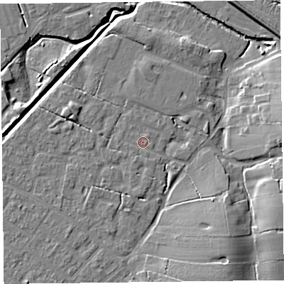 Shaded relief map of the ground around FY55JH, computed from Environment Agency LiDAR. The ground here sits at about 6 m above sea level and falls 11 m across the surrounding 800 m. Surface water reaching this point runs off ground lying to the south-south-west, 0.7 m higher.