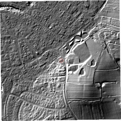 Shaded relief map of the ground around FY55JJ, computed from Environment Agency LiDAR. The ground here sits at about 7 m above sea level and falls 16 m across the surrounding 800 m. Surface water reaching this point runs off ground lying to the south-east, 12.6 m higher.
