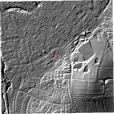 Shaded relief map of the ground around FY55JN, computed from Environment Agency LiDAR. The ground here sits at about 5 m above sea level and falls 16 m across the surrounding 800 m. Surface water reaching this point runs off ground lying to the south-south-east, 7.6 m higher.