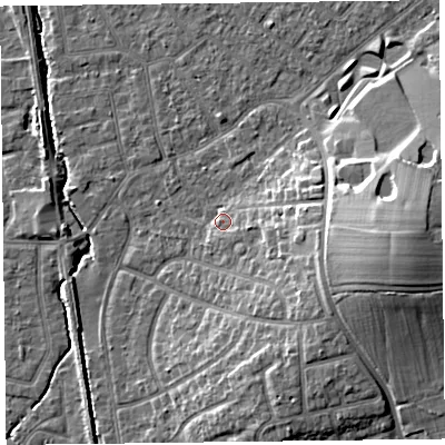 Shaded relief map of the ground around FY55JP, computed from Environment Agency LiDAR. The ground here sits at about 6 m above sea level and falls 15 m across the surrounding 800 m. Surface water reaching this point runs off ground lying to the east-south-east, 2.3 m higher.