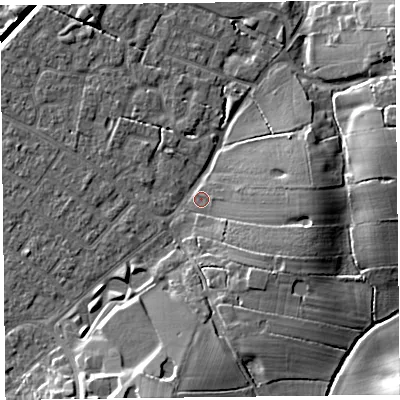 Shaded relief map of the ground around FY55JQ, computed from Environment Agency LiDAR. The ground here sits at about 6 m above sea level and falls 12 m across the surrounding 800 m. Surface water reaching this point runs off ground lying to the east, 7.3 m higher.