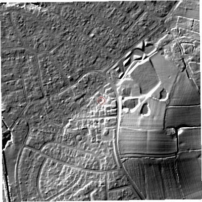 Shaded relief map of the ground around FY55JT, computed from Environment Agency LiDAR. The ground here sits at about 6 m above sea level and falls 16 m across the surrounding 800 m. Surface water reaching this point runs off ground lying to the south-east, 4.3 m higher.