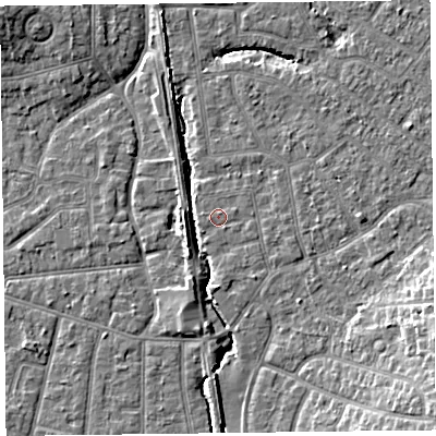 Shaded relief map of the ground around FY55JU, computed from Environment Agency LiDAR. The ground here sits at about 5 m above sea level and falls 9 m across the surrounding 800 m. Surface water reaching this point runs off ground lying to the south-west, 0.6 m higher.