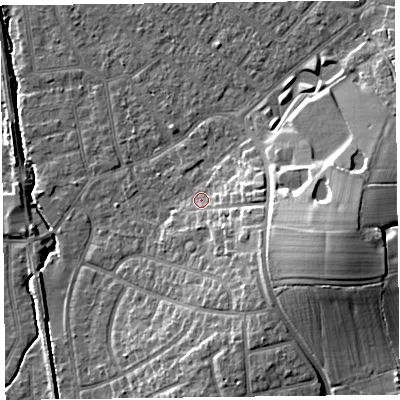 Shaded relief map of the ground around FY55JW, computed from Environment Agency LiDAR. The ground here sits at about 6 m above sea level and falls 15 m across the surrounding 800 m. Surface water reaching this point runs off ground lying to the south-east, 6.9 m higher.