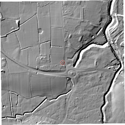 Shaded relief map of the ground around FY55LD, computed from Environment Agency LiDAR. The ground here sits at about 7 m above sea level and falls 9 m across the surrounding 800 m. Surface water reaching this point runs off ground lying to the west, 4.2 m higher.