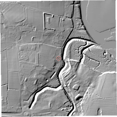 Shaded relief map of the ground around FY55LF, computed from Environment Agency LiDAR. The ground here sits at about 6 m above sea level and falls 14 m across the surrounding 800 m. Surface water reaching this point runs off ground lying to the west-north-west, 4.0 m higher.