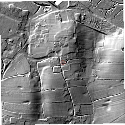 Shaded relief map of the ground around FY55LJ, computed from Environment Agency LiDAR. The ground here sits at about 11 m above sea level and falls 18 m across the surrounding 800 m. Surface water reaching this point runs off ground lying to the north-north-east, 3.6 m higher.