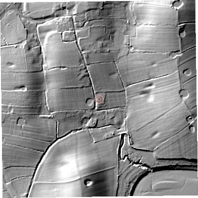 Shaded relief map of the ground around FY55LL, computed from Environment Agency LiDAR. The ground here sits at about 7 m above sea level and falls 20 m across the surrounding 800 m. Surface water reaching this point runs off ground lying to the north-north-west, 5.6 m higher.