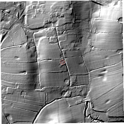 Shaded relief map of the ground around FY55LN, computed from Environment Agency LiDAR. The ground here sits at about 10 m above sea level and falls 19 m across the surrounding 800 m. Surface water reaching this point runs off ground lying to the north, 3.1 m higher.