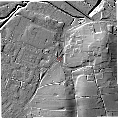 Shaded relief map of the ground around FY55LP, computed from Environment Agency LiDAR. The ground here sits at about 5 m above sea level and falls 14 m across the surrounding 800 m. Surface water reaching this point runs off ground lying to the east, 11.1 m higher.