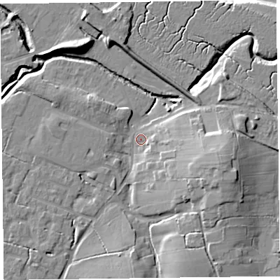 Shaded relief map of the ground around FY55LR, computed from Environment Agency LiDAR. The ground here sits at about 5 m above sea level and falls 16 m across the surrounding 800 m. Surface water reaching this point runs off ground lying to the east-south-east, 11.6 m higher.