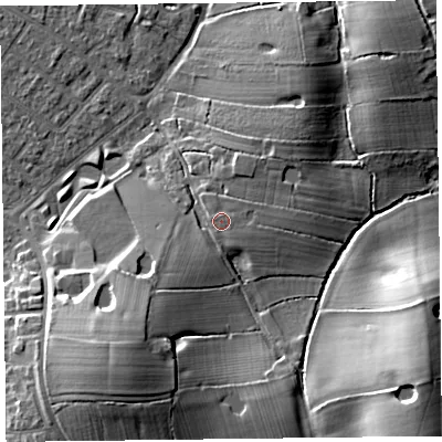 Shaded relief map of the ground around FY55LS, computed from Environment Agency LiDAR. The ground here sits at about 10 m above sea level and falls 17 m across the surrounding 800 m. Surface water reaching this point runs off ground lying to the east, 0.9 m higher.