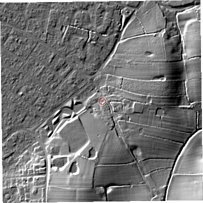 Shaded relief map of the ground around FY55LT, computed from Environment Agency LiDAR. The ground here sits at about 6 m above sea level and falls 14 m across the surrounding 800 m. Surface water reaching this point runs off ground lying to the south, 6.6 m higher.