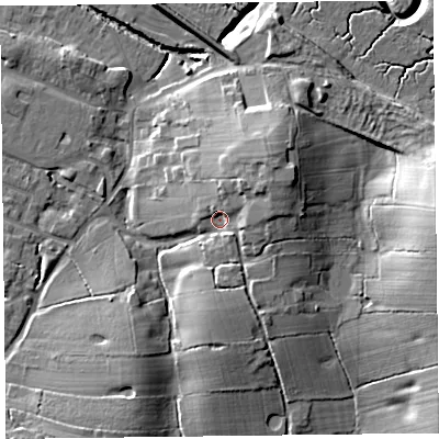 Shaded relief map of the ground around FY55LW, computed from Environment Agency LiDAR. The ground here sits at about 10 m above sea level and falls 17 m across the surrounding 800 m. Surface water reaching this point runs off ground lying to the north-east, 5.4 m higher.