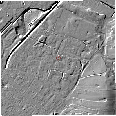 Shaded relief map of the ground around FY55NG, computed from Environment Agency LiDAR. The ground here sits at about 6 m above sea level and falls 10 m across the surrounding 800 m. Surface water reaching this point runs off ground lying to the south-east, 1.3 m higher.