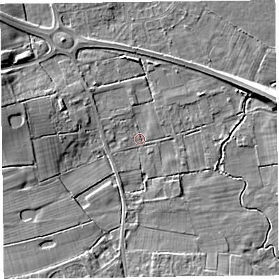 Shaded relief map of the ground around FY55NH, computed from Environment Agency LiDAR. The ground here sits at about 4 m above sea level and falls 8 m across the surrounding 800 m. Surface water reaching this point runs off ground lying to the east-north-east, 7.4 m higher.