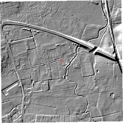 Shaded relief map of the ground around FY55NJ, computed from Environment Agency LiDAR. The ground here sits at about 4 m above sea level and falls 10 m across the surrounding 800 m. Surface water reaching this point runs off ground lying to the east-north-east, 7.7 m higher.
