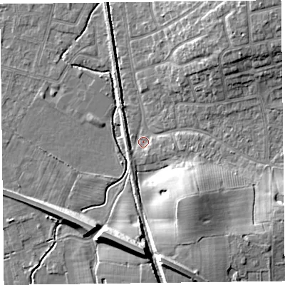Shaded relief map of the ground around FY55NL, computed from Environment Agency LiDAR. The ground here sits at about 4 m above sea level and falls 12 m across the surrounding 800 m. Surface water reaching this point runs off ground lying to the south-east, 11.8 m higher.