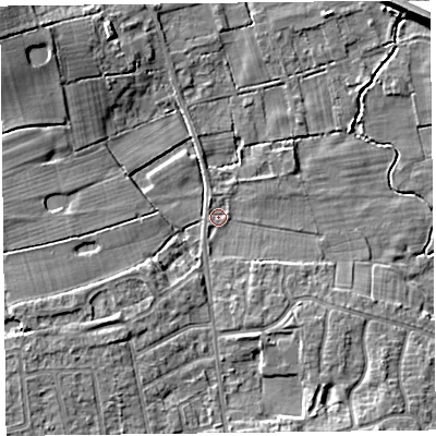 Shaded relief map of the ground around FY55NP, computed from Environment Agency LiDAR. The ground here sits at about 4 m above sea level and falls 8 m across the surrounding 800 m. Surface water reaching this point runs off ground lying to the north-west, 6.4 m higher.