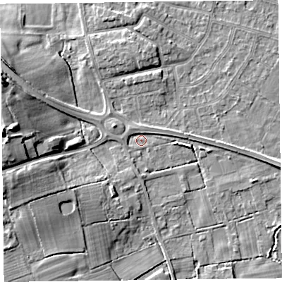 Shaded relief map of the ground around FY55NQ, computed from Environment Agency LiDAR. The ground here sits at about 4 m above sea level and falls 15 m across the surrounding 800 m. Surface water reaching this point runs off ground lying to the west, 13.5 m higher.