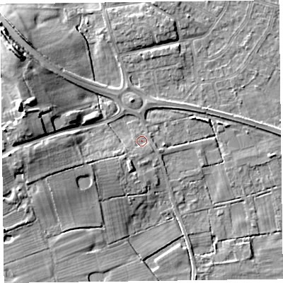 Shaded relief map of the ground around FY55NR, computed from Environment Agency LiDAR. The ground here sits at about 5 m above sea level and falls 14 m across the surrounding 800 m. Surface water reaching this point runs off ground lying to the west-south-west, 4.6 m higher.