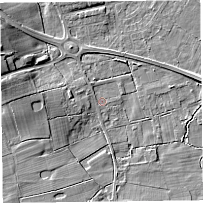 Shaded relief map of the ground around FY55NS, computed from Environment Agency LiDAR. The ground here sits at about 5 m above sea level and falls 12 m across the surrounding 800 m. Surface water reaching this point runs off ground lying to the west, 4.2 m higher.