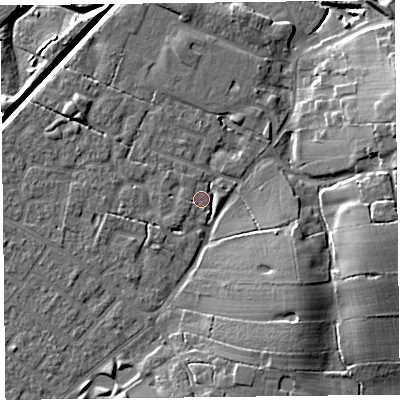 Shaded relief map of the ground around FY55NT, computed from Environment Agency LiDAR. The ground here sits at about 5 m above sea level and falls 13 m across the surrounding 800 m. Surface water reaching this point runs off ground lying to the east, 2.0 m higher.