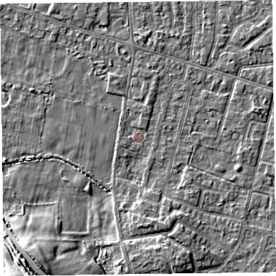 Shaded relief map of the ground around FY55NU, computed from Environment Agency LiDAR. The ground here sits at about 5 m above sea level and falls 11 m across the surrounding 800 m. Surface water reaching this point runs off ground lying to the north, 1.0 m higher.