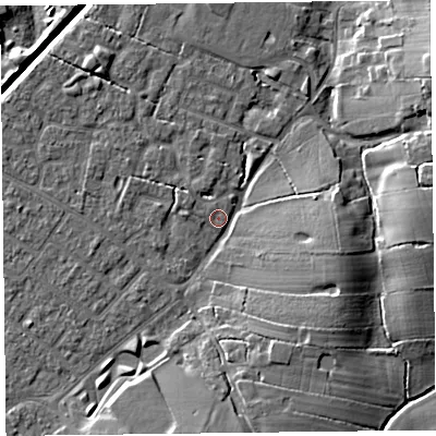 Shaded relief map of the ground around FY55NW, computed from Environment Agency LiDAR. The ground here sits at about 5 m above sea level and falls 11 m across the surrounding 800 m. Surface water reaching this point runs off ground lying to the west-north-west, 1.7 m higher.