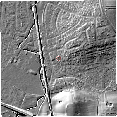 Shaded relief map of the ground around FY55NX, computed from Environment Agency LiDAR. The ground here sits at about 5 m above sea level and falls 14 m across the surrounding 800 m. Surface water reaching this point runs off ground lying to the east-north-east, 3.0 m higher.