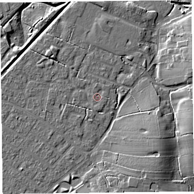 Shaded relief map of the ground around FY55NY, computed from Environment Agency LiDAR. The ground here sits at about 6 m above sea level and falls 10 m across the surrounding 800 m. Surface water reaching this point runs off ground lying to the south, 1.2 m higher.