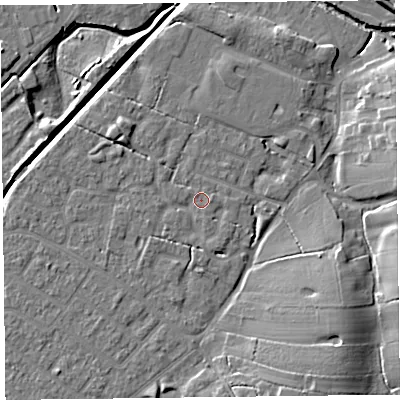 Shaded relief map of the ground around FY55NZ, computed from Environment Agency LiDAR. The ground here sits at about 5 m above sea level and falls 10 m across the surrounding 800 m. Surface water reaching this point runs off ground lying to the south-south-east, 1.2 m higher.