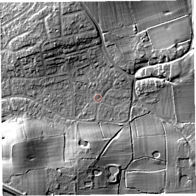 Shaded relief map of the ground around FY55PA, computed from Environment Agency LiDAR. The ground here sits at about 6 m above sea level and falls 11 m across the surrounding 800 m. Surface water reaching this point runs off ground lying to the east-north-east, 9.8 m higher.