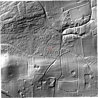 Shaded relief map of the ground around FY55PB, computed from Environment Agency LiDAR. The ground here sits at about 6 m above sea level and falls 12 m across the surrounding 800 m. Surface water reaching this point runs off ground lying to the east-north-east, 10.9 m higher.