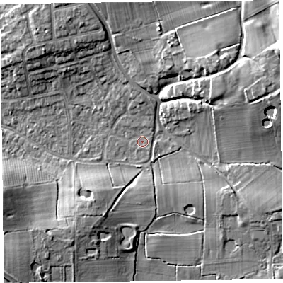 Shaded relief map of the ground around FY55PF, computed from Environment Agency LiDAR. The ground here sits at about 6 m above sea level and falls 12 m across the surrounding 800 m. Surface water reaching this point runs off ground lying to the north-north-east, 1.1 m higher.