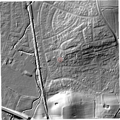 Shaded relief map of the ground around FY55PG, computed from Environment Agency LiDAR. The ground here sits at about 6 m above sea level and falls 15 m across the surrounding 800 m. Surface water reaching this point runs off ground lying to the north-east, 2.8 m higher.