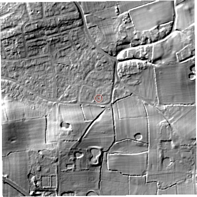 Shaded relief map of the ground around FY55PH, computed from Environment Agency LiDAR. The ground here sits at about 6 m above sea level and falls 12 m across the surrounding 800 m. Surface water reaching this point runs off ground lying to the east-north-east, 11.4 m higher.