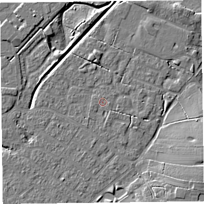 Shaded relief map of the ground around FY55QA, computed from Environment Agency LiDAR. The ground here sits at about 5 m above sea level and falls 9 m across the surrounding 800 m. Surface water reaching this point runs off ground lying to the east, 0.7 m higher.
