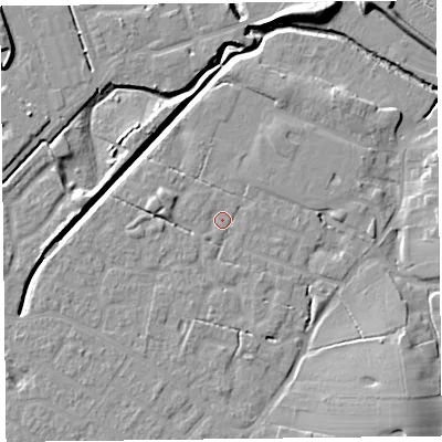 Shaded relief map of the ground around FY55QB, computed from Environment Agency LiDAR. The ground here sits at about 5 m above sea level and falls 10 m across the surrounding 800 m. Surface water reaching this point runs off ground lying to the west-north-west, 2.6 m higher.