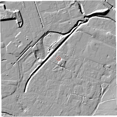 Shaded relief map of the ground around FY55QD, computed from Environment Agency LiDAR. The ground here sits at about 6 m above sea level and falls 11 m across the surrounding 800 m. Surface water reaching this point runs off ground lying to the east-south-east, 1.6 m higher.