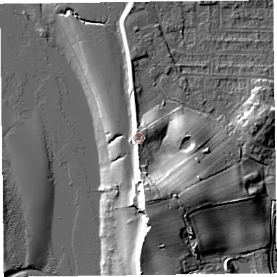 Shaded relief map of the ground around FY60AA, computed from Environment Agency LiDAR. The ground here sits at about 7 m above sea level and falls 19 m across the surrounding 800 m. Surface water reaching this point runs off ground lying to the north-east, 4.2 m higher.