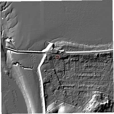 Shaded relief map of the ground around FY60AB, computed from Environment Agency LiDAR. The ground here sits at about 7 m above sea level and falls 14 m across the surrounding 800 m. Surface water reaching this point runs off ground lying to the north, 1.2 m higher.