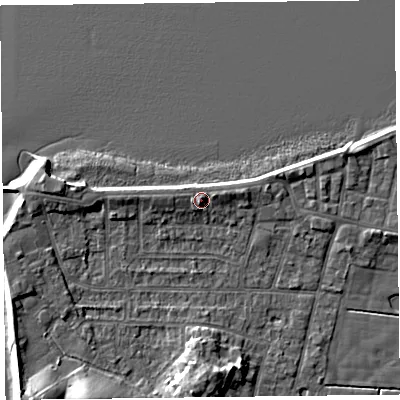 Shaded relief map of the ground around FY60AD, computed from Environment Agency LiDAR. The ground here sits at about 8 m above sea level and falls 8 m across the surrounding 800 m. Surface water reaching this point runs off ground lying to the north, 0.7 m higher.