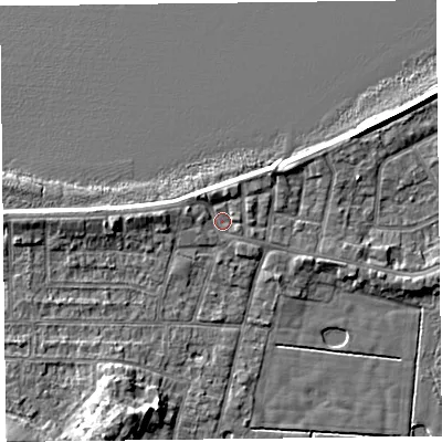 Shaded relief map of the ground around FY60AE, computed from Environment Agency LiDAR. The ground here sits at about 6 m above sea level and falls 7 m across the surrounding 800 m. Surface water reaching this point runs off ground lying to the north-north-east, 1.7 m higher.