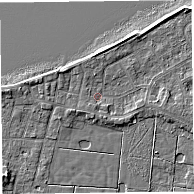 Shaded relief map of the ground around FY60AF, computed from Environment Agency LiDAR. The ground here sits at about 6 m above sea level and falls 6 m across the surrounding 800 m. Surface water reaching this point runs off ground lying to the east, 2.3 m higher.