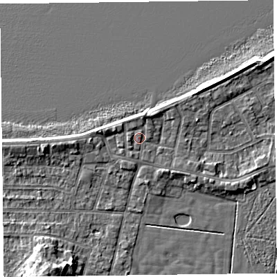 Shaded relief map of the ground around FY60AH, computed from Environment Agency LiDAR. The ground here sits at about 7 m above sea level and falls 7 m across the surrounding 800 m. Surface water reaching this point runs off ground lying to the north-north-east, 1.7 m higher.