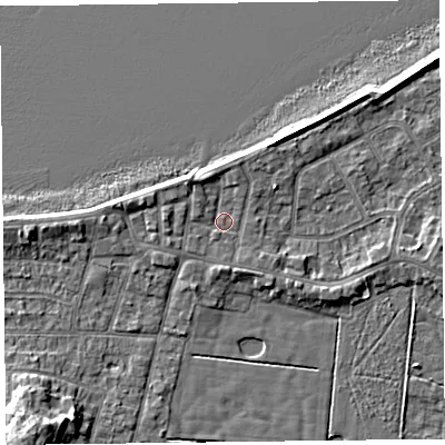 Shaded relief map of the ground around FY60AJ, computed from Environment Agency LiDAR. The ground here sits at about 6 m above sea level and falls 6 m across the surrounding 800 m. Surface water reaching this point runs off ground lying to the north-west, 1.9 m higher.