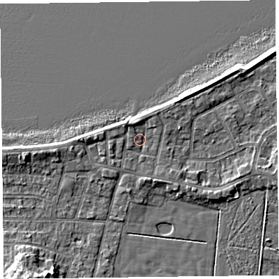 Shaded relief map of the ground around FY60AL, computed from Environment Agency LiDAR. The ground here sits at about 6 m above sea level and falls 6 m across the surrounding 800 m. Surface water reaching this point runs off ground lying to the north-west, 1.9 m higher.